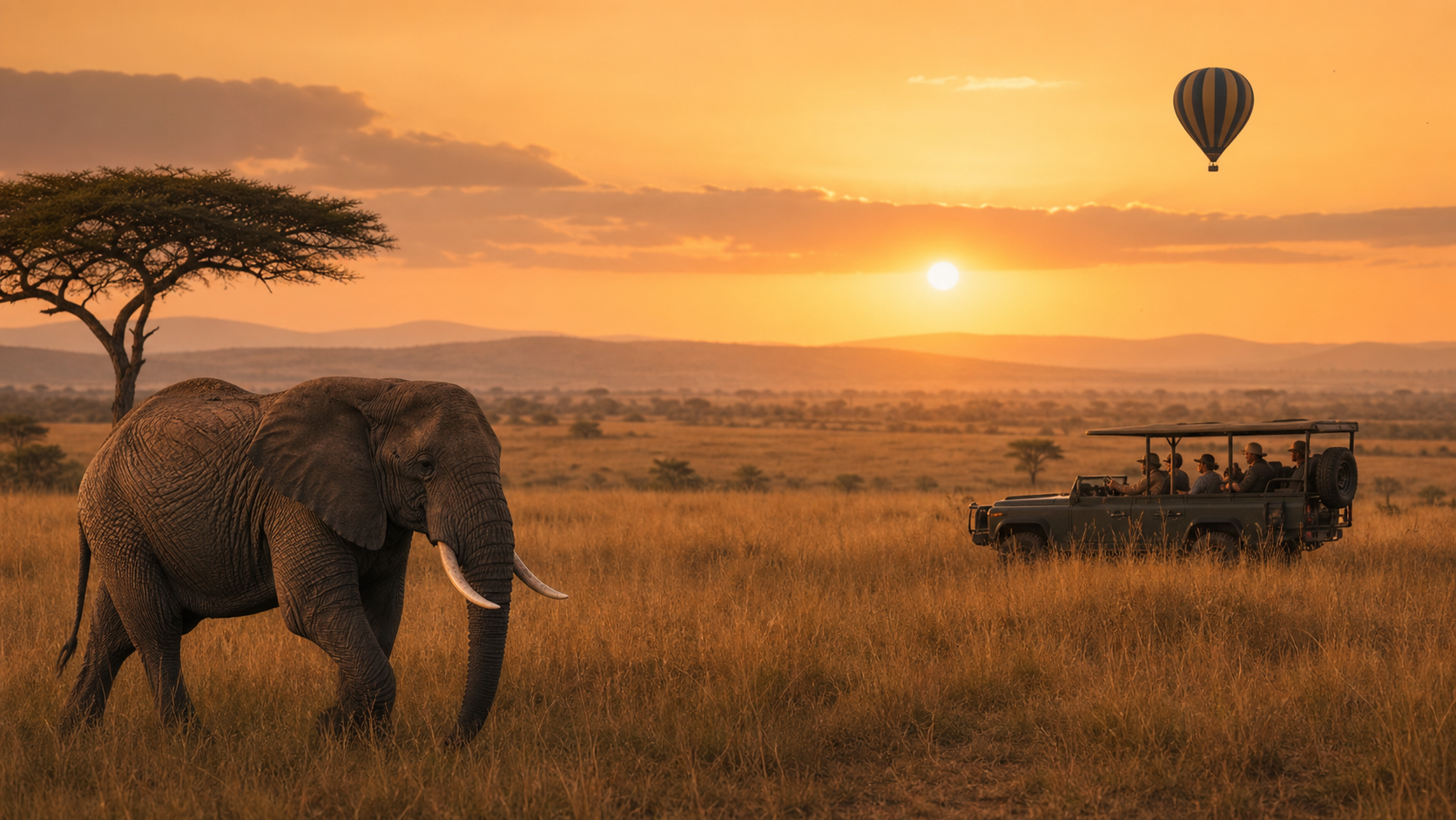 A Janja Adventures safari vehicle travelling through the East African savannah